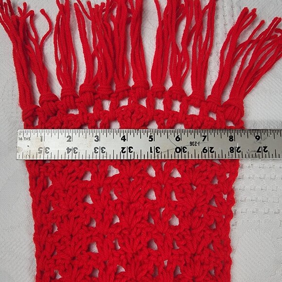 Vintage homemade scarf crocheted bright red fringe 7' long‎ - Picture 4 of 8